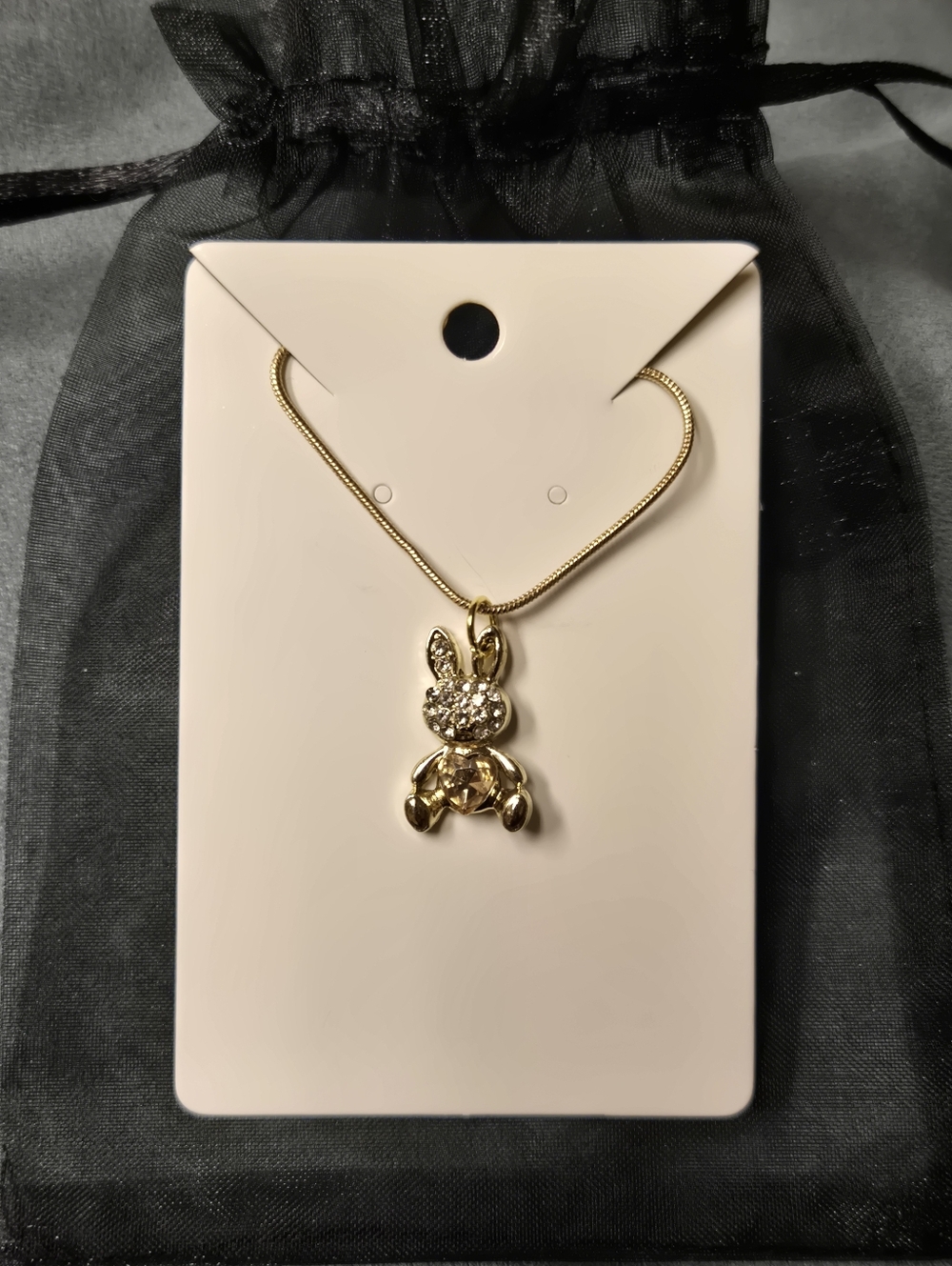 Gold Colored Bunny Necklace With Yellow-goldish Stone - Hand Crafted